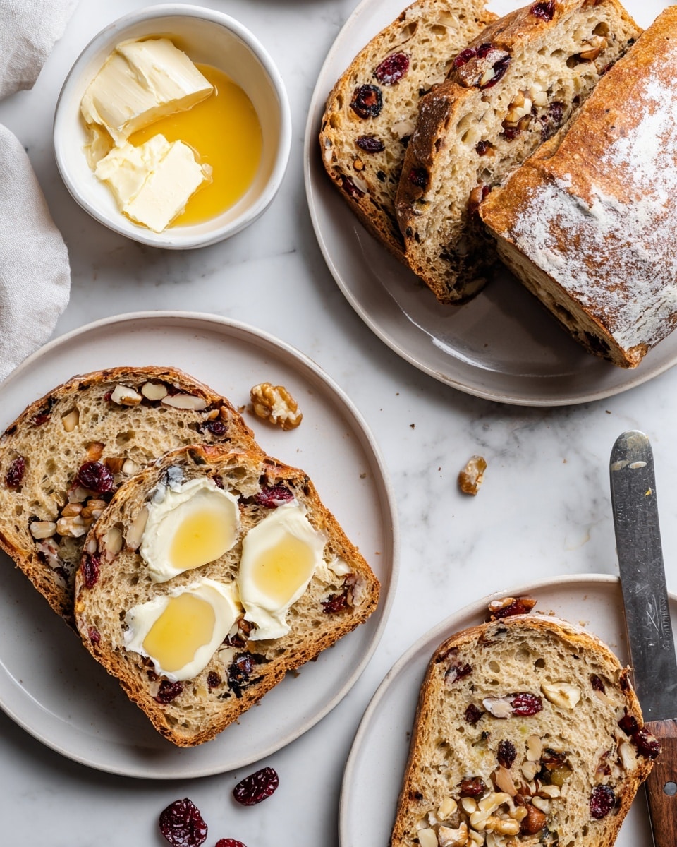 The image shows two slices of fruit and nut bread on a white plate with a rough texture; the top slice is spread with three pats of pale yellow butter. The bread has a light brown crust with visible flour dusting and a dense crumb with pieces of walnuts and dried red berries inside. Below, three more slices of the same bread lie on a white plate with a beige marbled surface, showing a similar texture and mix of nuts and berries. To the left, a small white bowl holds a creamy, unevenly spread yellow butter with a small pool of amber honey in the center. A butter knife with a wooden handle, smeared with butter, rests on the marbled surface next to the plate, and a pale pink cloth with gray edging lies partially visible nearby. In the top left, part of a clear glass is visible on a white marbled surface. photo taken with an iphone --ar 4:5 --v 7