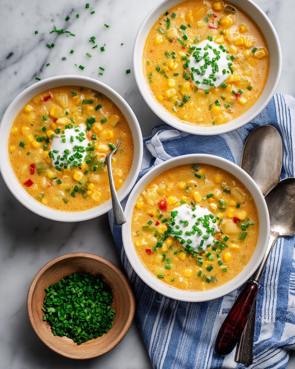 Three white bowls filled with chunky soup sit on a white marbled surface. The soup has visible layers of creamy yellow broth with pieces of yellow potatoes, bright yellow corn, light green celery, and small bits of red bell pepper mixed in. Each bowl is topped with a dollop of smooth white cream and sprinkled with finely chopped green chives. A spoon with a wooden handle rests inside one bowl, scooping some soup. Nearby, a small wooden bowl holds more chopped green chives, and a silver spoon with a wooden handle lies next to a white and blue striped cloth. Photo taken with an iphone --ar 4:5 --v 7