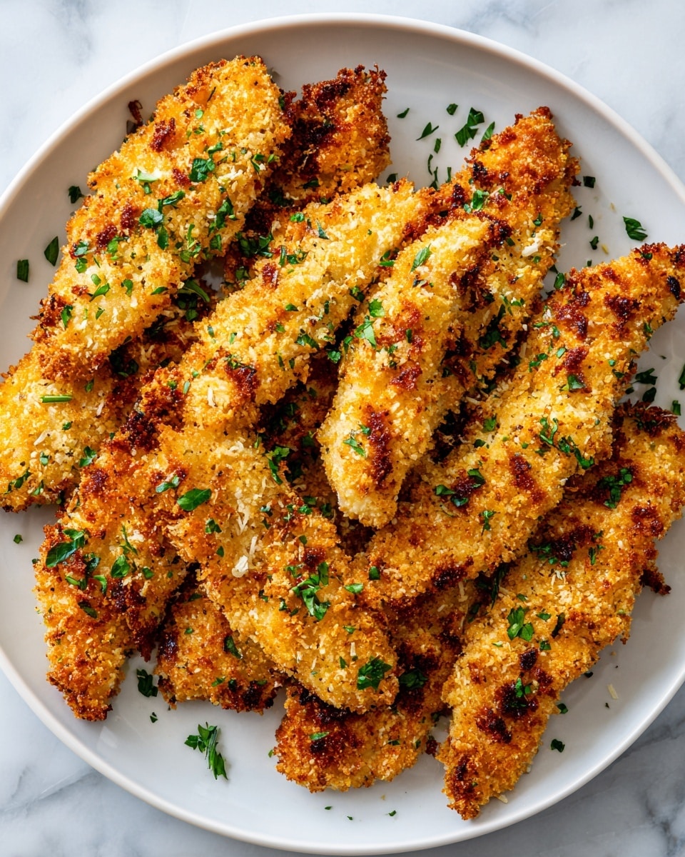 A white round plate holds nine pieces of golden brown breaded chicken arranged in a circle with some pieces overlapping. Each piece has a crispy texture with small green herb bits sprinkled all over, adding a fresh touch. The breading has a mix of light and darker golden spots showing a well-fried crust. The plate is placed on a white marbled surface, making the warm colors of the chicken stand out. photo taken with an iphone --ar 4:5 --v 7