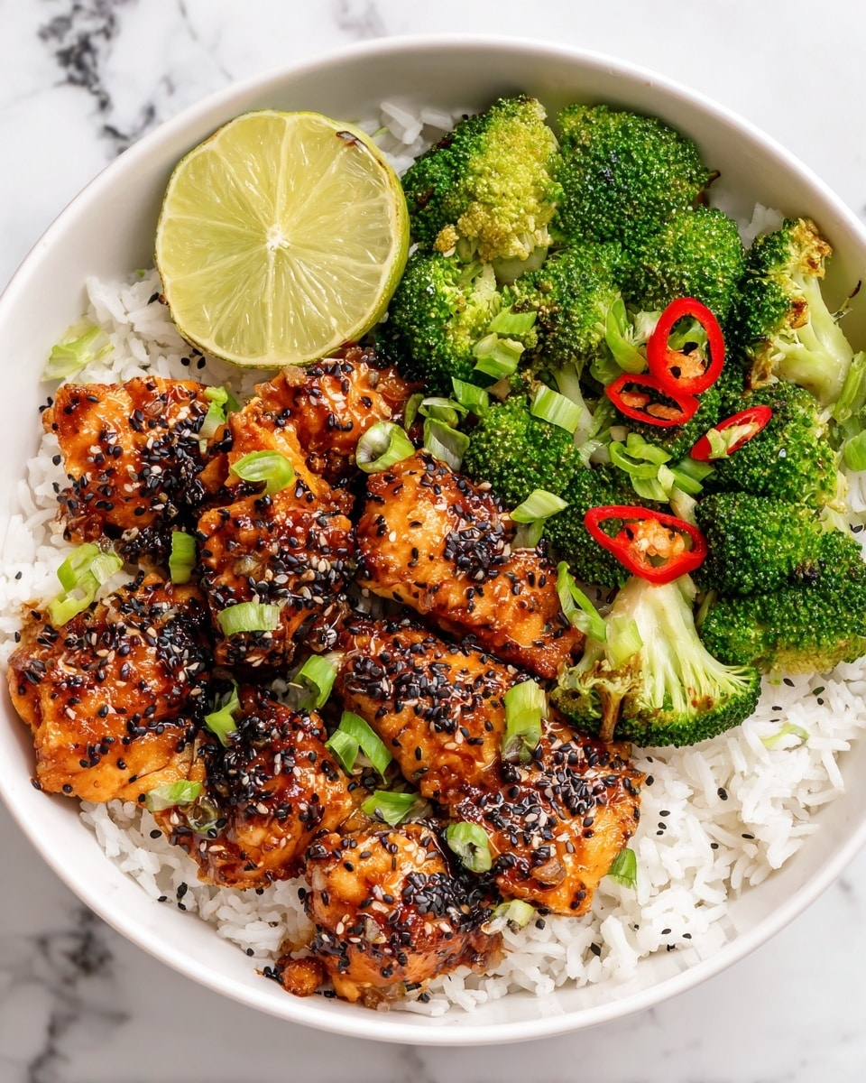 A bowl with three main layers: the bottom layer is fluffy white rice covering the whole base, the middle layer has bright green broccoli pieces placed on one side, and the top layer shows slices of grilled chicken coated in a shiny dark brown sauce spread across the rice. Thin red chili slices and small green onion pieces are scattered over the chicken and broccoli. A halved lime with a pale green inside sits at the edge of the bowl. The bowl is placed on a white marbled surface. Photo taken with an iphone --ar 4:5 --v 7