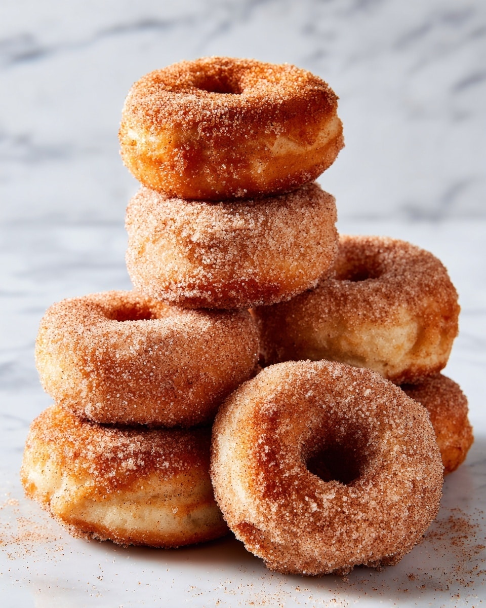 A stack of eight golden brown donuts covered in a layer of sugar and cinnamon sits on a white marbled surface. Each donut has a round shape with a smooth, slightly crispy texture on the outside and soft inside. The donuts are piled unevenly, with one donut placed on top in the center, showing the sugary coating that sparkles under soft light. The background is softly blurred with neutral tones. Photo taken with an iphone --ar 4:5 --v 7