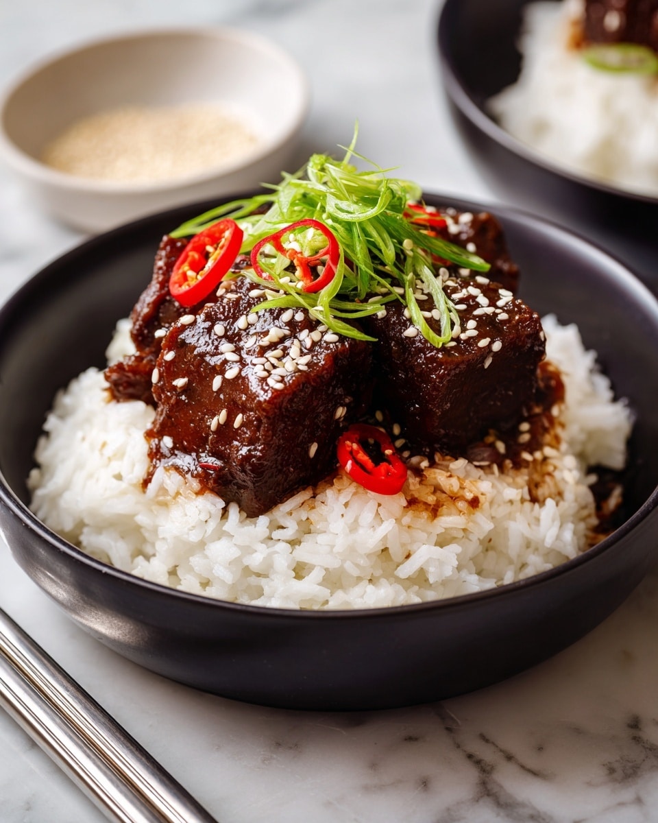 A dark bowl filled with a base layer of fluffy white rice, topped with a thick piece of dark brown glazed meat covered in white sesame seeds. On the side of the meat, there are thin spirals of bright green spring onions and slices of red chili peppers scattered on the rice and meat. The bowl is placed on a white marbled surface with metallic chopsticks beside it, and a small white bowl with light brown sesame seeds is blurred in the background. Photo taken with an iphone --ar 4:5 --v 7