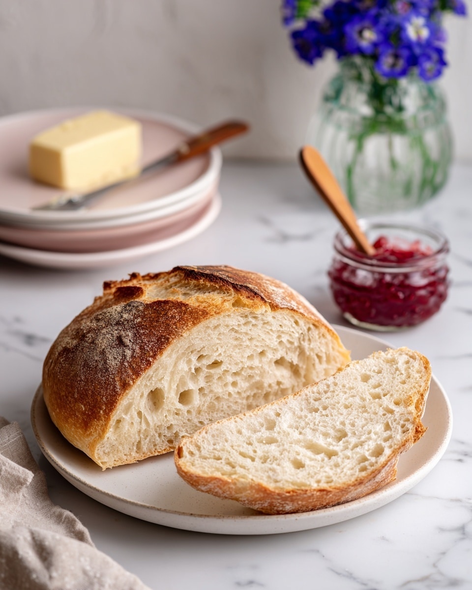 A round loaf of bread with a light brown crust and a darker, patterned top sits on a white plate with two slices cut from it, showing a soft, airy inside with many holes. The plate is on a white marbled surface with a folded lavender cloth beside it. Behind the bread, there is a small glass bowl of bright red jam with a wooden spoon inside, a dish of pale yellow butter with a butter knife, and a clear vase filled with blue flowers and green stems. In the background, there are stacked light pink plates and two cups of dark coffee. Photo taken with an iphone --ar 4:5 --v 7