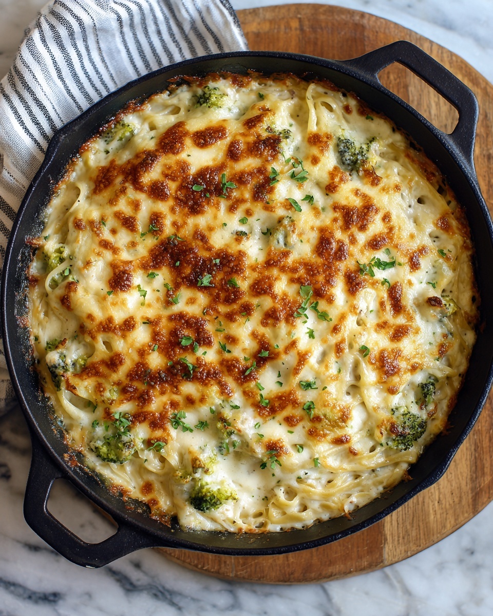 A black pan filled with a creamy baked dish showing two visible layers; the bottom layer contains pieces of shredded light-colored chicken mixed with green broccoli, all covered by a thick, melted cheese layer on top with golden brown spots and small green herb leaves scattered throughout. The pan is placed on a wooden surface with a beige and white checkered cloth nearby, and the background is a white marbled texture. Photo taken with an iphone --ar 4:5 --v 7