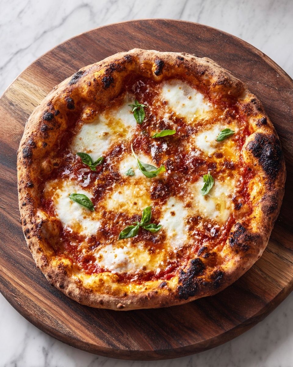 A round pizza shown from above with a thick, golden-brown crust that has some dark charred spots. The pizza has one main layer of tomato sauce spread unevenly across the surface, topped with melted white cheese that is bubbly and has browned patches. The cheese covers most of the pizza in irregular blobs, mixing with the red sauce underneath, creating a textured look. The pizza is placed on a wooden board over a white marbled surface. photo taken with an iphone --ar 4:5 --v 7