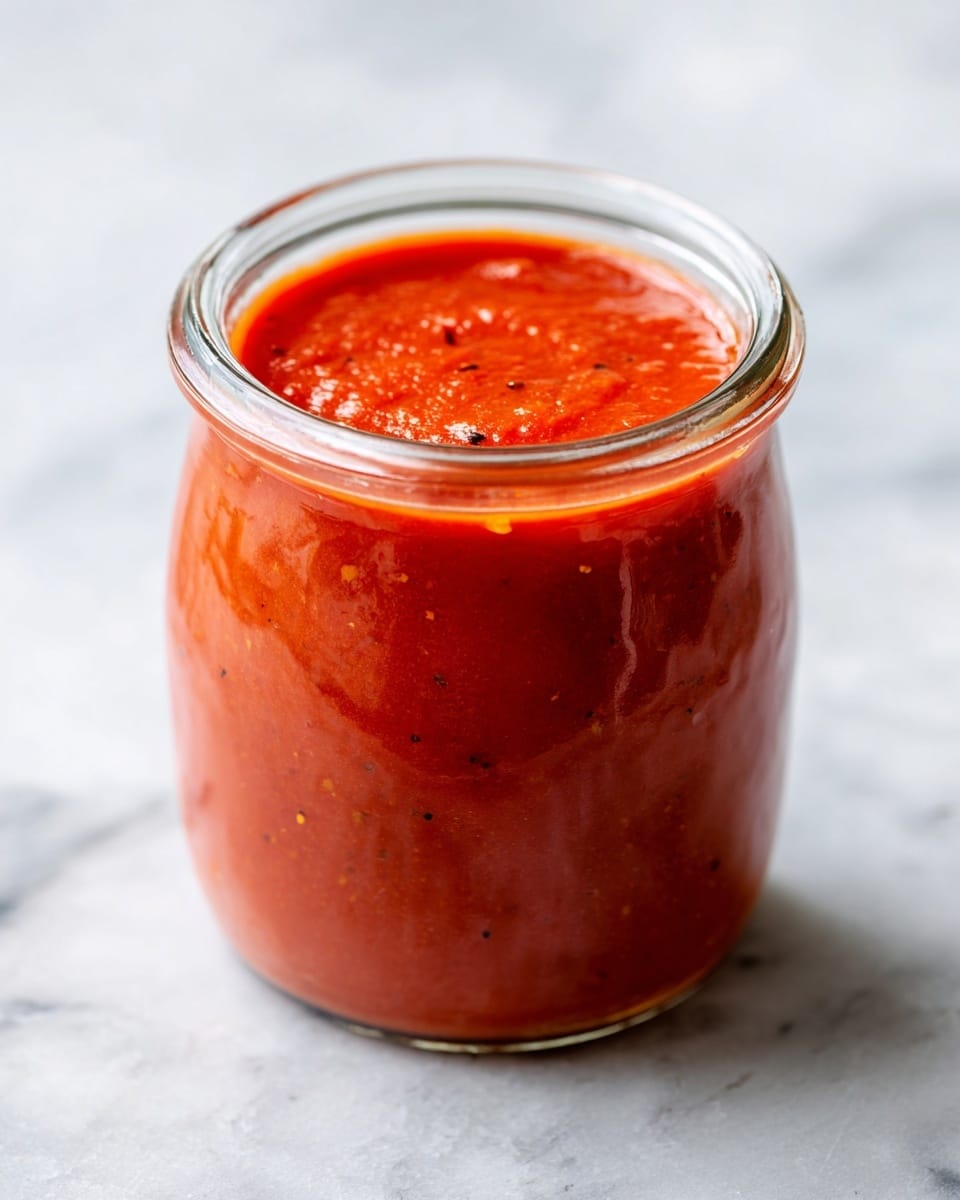 The image shows a clear glass jar filled with a thick, smooth red sauce. The jar is placed on a white marbled surface with soft light coming from the left side, creating gentle reflections on the glass. The sauce inside has a rich, slightly textured look with small darker spots, and it fills the jar almost to the top. The jar has a simple, broad opening without a lid. Photo taken with an iphone --ar 4:5 --v 7