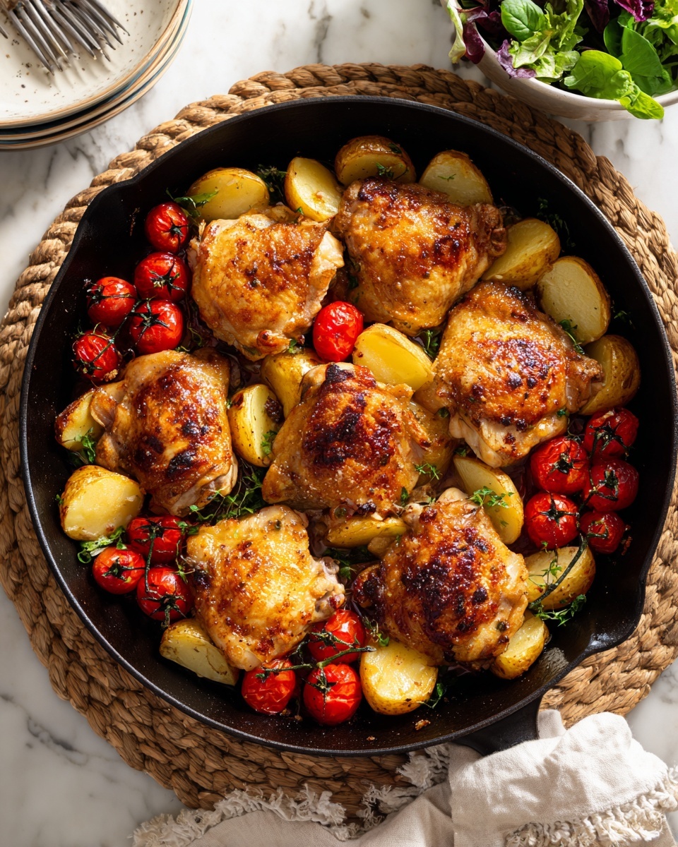 The image shows a black round pan filled with six pieces of golden-brown roasted chicken thighs with crispy skin. Around the chicken, there are thick yellow potato wedges, partially browned, and some roasted cherry tomatoes, slightly shriveled and red. The pan sits on a woven mat with a small pile of white plates stacked behind it. To the left, a white bowl contains fresh green salad leaves. The background is a white marbled texture. photo taken with an iphone --ar 4:5 --v 7