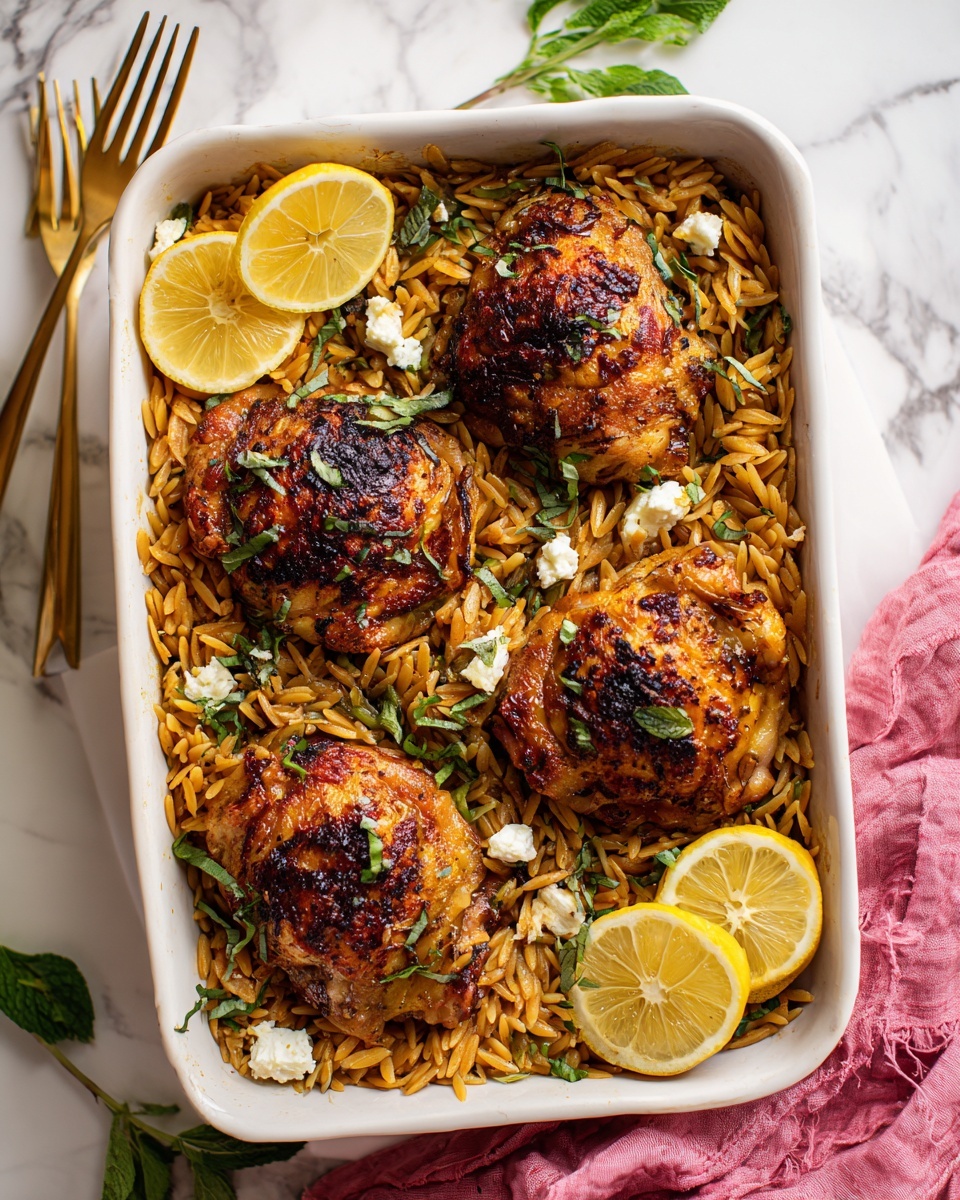 The image shows a white rectangular dish filled with a layer of golden-brown orzo pasta at the bottom, topped with several golden roasted chicken thighs with crispy, browned skin. Scattered on top are small white crumbles of cheese and some green chopped herbs. There are two lemon wedges placed on the edges of the dish, adding a touch of bright yellow. The dish is placed on a white marbled surface with a pink cloth slightly visible under the dish and a golden fork nearby. photo taken with an iphone --ar 4:5 --v 7