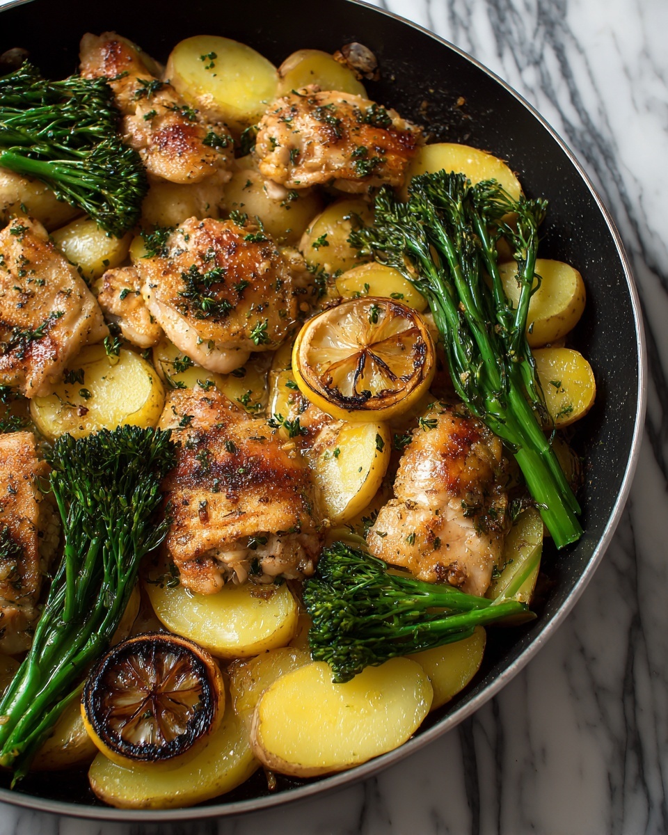 The image shows a black skillet filled with three cooked pieces of chicken with browned, slightly crispy skin, resting on a bed of roasted pale yellow potato slices. There are a few browned lemon halves scattered in between the chicken and potatoes. On top and slightly to the side, fresh bright green broccolini stalks with small florets add a fresh, leafy texture. The skillet sits on a white marbled surface. The colors contrast well with the golden brown chicken, yellow potatoes, green broccolini, and the dark skillet edges. photo taken with an iphone --ar 4:5 --v 7
