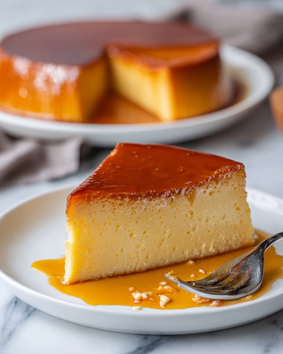 A single slice of caramel flan is placed on a white plate resting on a dark wooden surface. The dessert consists of two main layers: the bottom layer is thick, smooth, and creamy, pale yellow in color with a slightly porous texture, while the top layer is a thin, glossy caramel glaze in a deep amber brown with darker spots from caramelization, dripping slightly onto the plate around the slice. A silver fork with reflections lies diagonally on the front side of the plate, partially touching the flan and catching some caramel sauce on its prongs. The background features a blurred view of the whole flan on a white plate and a white marbled surface. Photo taken with an iphone --ar 4:5 --v 7