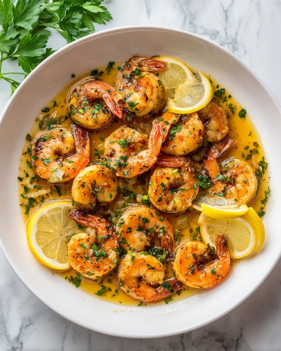 A white bowl filled with one layer of large cooked shrimp that are orange with black pepper specks, arranged evenly and slightly curled. The shrimp sit in a golden-yellow sauce mixed with small round slices of garlic and chopped green herbs scattered over everything. Three thin, bright yellow lemon slices rest on the side inside the bowl. The bowl is placed on a white marbled surface with a few garlic bulbs and green parsley nearby. photo taken with an iphone --ar 4:5 --v 7