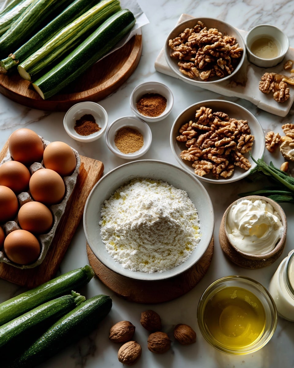 The image shows various cooking ingredients arranged on a white marbled surface. At the center, there is a white bowl filled with white flour, surrounded by six brown eggs in a carton on a small wooden board to the left. Above the flour, there are small white bowls with light brown ground spices and dark golden honey. To the right, two white bowls are filled with whole walnuts, one positioned slightly above the other. Above these bowls, long green zucchini sticks are stacked neatly on a small wooden board. Below the bowls of walnuts, there is a clear glass jar filled with white cream or butter. Near the bottom right corner is a small white bowl of coarse salt and a glass of yellow oil. Two whole zucchinis and a few walnuts are scattered around the arrangement. photo taken with an iphone --ar 4:5 --v 7