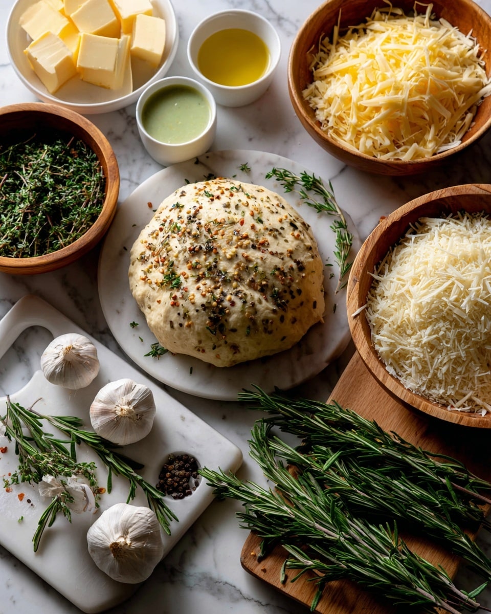A round, soft ball of dough with some specks of seasoning on top sits in the center on a white marbled surface. Around it are small white bowls filled with golden oil, a light green sauce, and some grated cheese. There are wooden bowls holding flour, finely shredded cheese, and chunks of yellow butter. Near the dough, a white wooden board holds fresh green rosemary sprigs, and more rosemary sprigs lie directly on the white marbled surface with three bulbs of garlic beside them. The textures vary from smooth oils, fluffy grated cheese, soft dough, and fresh herbs. photo taken with an iphone --ar 4:5 --v 7