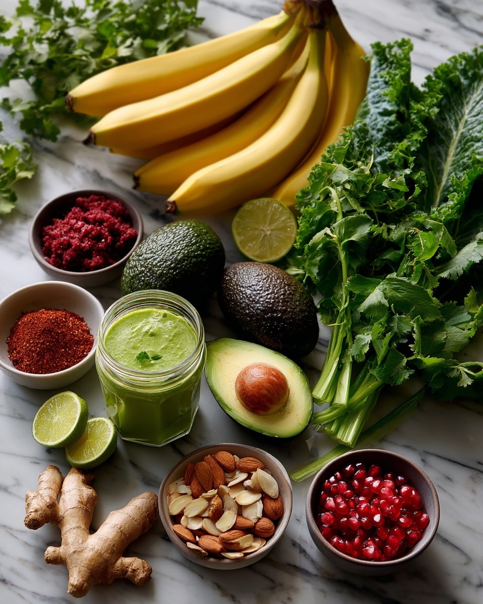 A top view of various healthy ingredients arranged on a white marbled surface: three yellow bananas on the right with green leafy herbs above them, a group of fresh green leafy vegetables with two lime halves in the bottom left, a whole dark green avocado below and half an avocado with the seed above, roots of ginger and turmeric scattered near small bowls filled with red powder, pomegranate seeds, almonds, sliced nuts, and small brown seeds, and a glass jar of green smoothie in the bottom left corner. photo taken with an iphone --ar 4:5 --v 7
