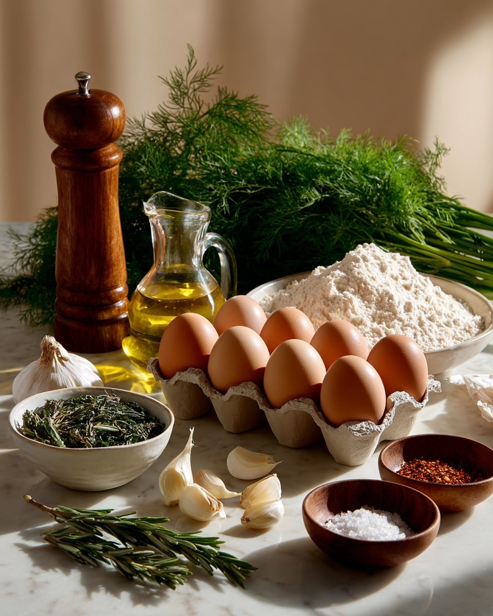 A collection of cooking ingredients is arranged on a white marbled surface with a soft light from the left. In the center, there is a carton holding nine brown eggs stacked in two rows. Behind the eggs, a large mound of white flour rises, with a garlic bulb placed next to it. To the left, a small clear glass jug filled with golden yellow oil stands next to a tall wooden pepper grinder. In front of the eggs, fresh green rosemary sprigs and peeled garlic cloves lay scattered flat. On the left side, a white bowl filled with dried herbs sits near the front. To the right, two small wooden bowls contain coarse salt and a rusty red spice. Behind everything, a bunch of fresh green dill rises up as a backdrop, softly lit against a plain beige wall. photo taken with an iphone --ar 4:5 --v 7