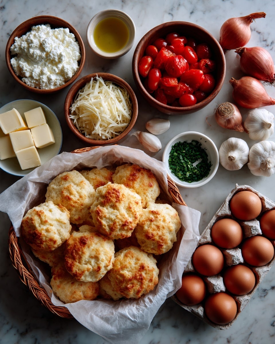 A top-down view of various cooking ingredients arranged on a white marbled surface, including a basket lined with parchment paper holding several light golden brown biscuits with a soft crumb. Surrounding the basket are wooden bowls, one filled with white ricotta cheese with a fluffy texture, another with shiny red cherry tomatoes, and a small one with shredded white cheese. A small white bowl contains several pale yellow butter cubes. Beside these are three whole red onions, three whole white garlic bulbs, and some scattered garlic cloves. A small white bowl holds golden olive oil. A carton with six brown eggs is positioned on the right side. A tiny white bowl has chopped green herbs. The photo taken with an iphone --ar 4:5 --v 7