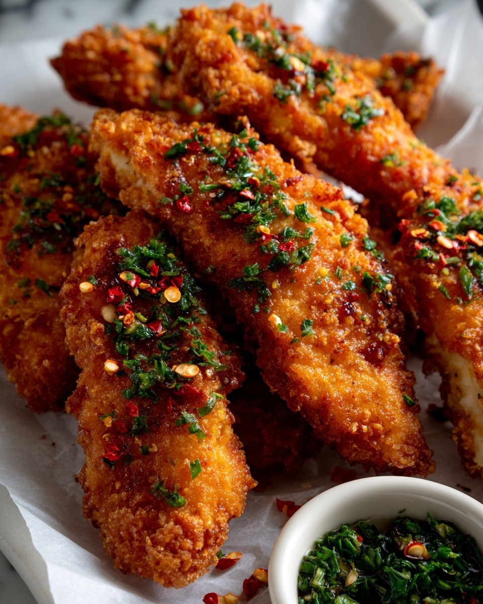 Close-up view of several crispy, deep-orange fried chicken pieces arranged on white parchment paper over a white marbled surface. Each piece has a crunchy texture with small green herb flakes and tiny chili flakes scattered on top, adding color contrasts of green and red. At the bottom right corner, there is a white bowl filled with fresh chopped green herbs. The lighting highlights the shiny oil coating on the fried chicken skin, emphasizing its crispy and rich texture photo taken with an iphone --ar 4:5 --v 7