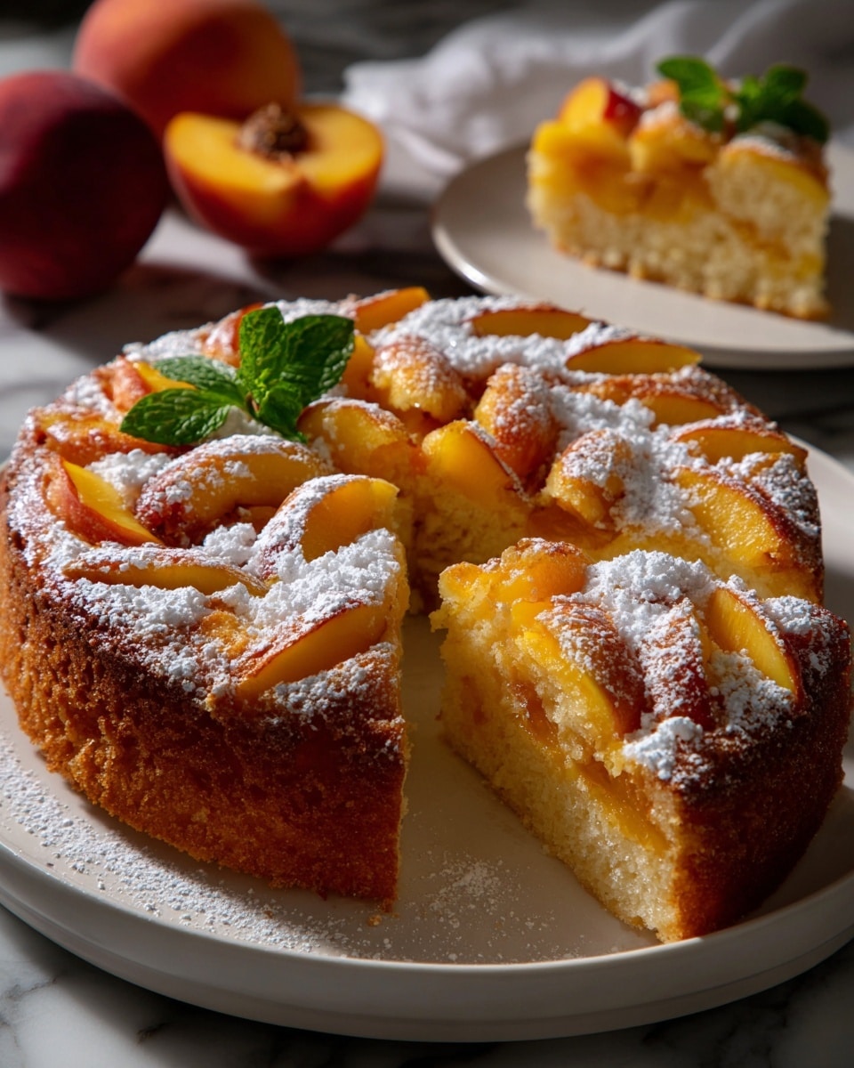 A round cake with a golden-brown top layer showing slices of peach arranged in a slightly overlapping pattern, dusted evenly with white powdered sugar, and garnished with a fresh green mint leaf near the center. One slice is removed, revealing a light, soft, and fluffy inside with peach pieces visible within. The cake rests on a white plate, all placed on a white marbled surface, with halved peaches nearby and parts of a red and pink cloth visible at the edges. Photo taken with an iphone --ar 4:5 --v 7