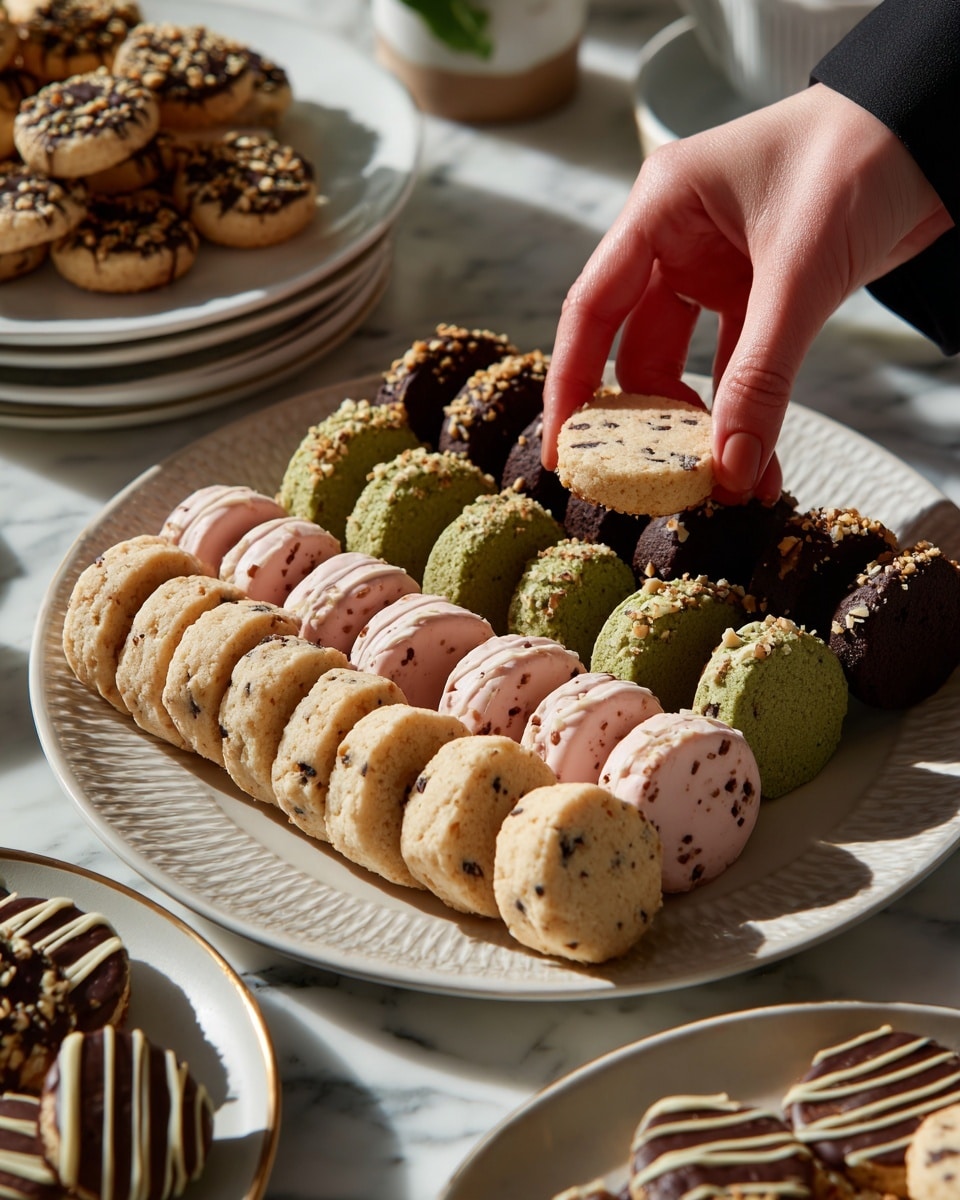 A white textured rectangular plate holds five groups of round cookies arranged in rows. The top row has light tan cookies, each half-covered with dark chocolate and caramel, sprinkled with chopped nuts. The second row has pink cookies with white zigzag drizzle across the top. The third row shows mint green cookies, each half-covered with smooth dark chocolate and some chips inside the dough. The fourth row displays light beige cookies with chocolate drizzle and dark crumbs on top. The bottom row features golden brown cookies sprinkled with coarse salt. A woman's hand is seen holding one golden brown cookie near the bottom right. The plate sits on a white marbled surface, with parts of white round plates and a cup also visible. photo taken with an iphone --ar 4:5 --v 7