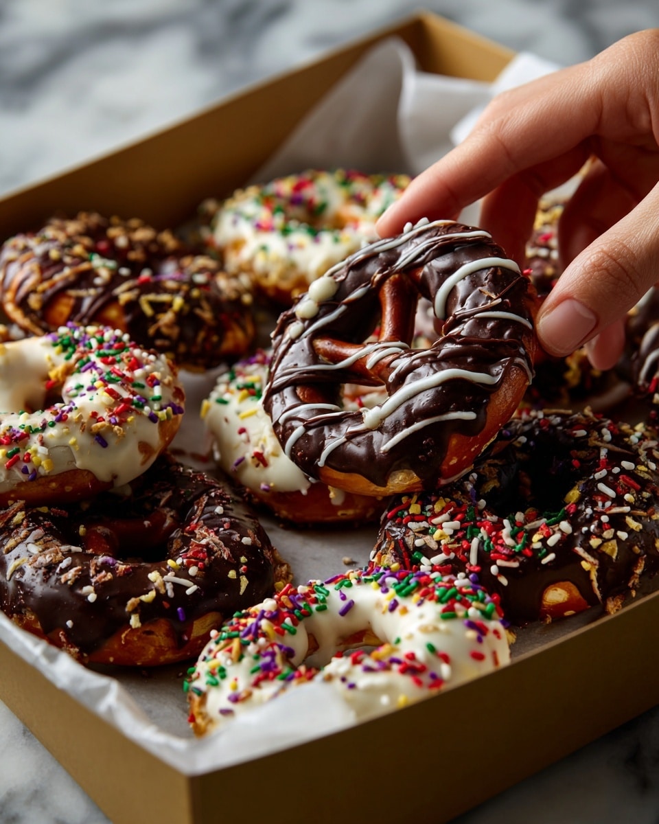 A rectangular brown box lined with white parchment paper holds a mix of pretzels covered in dark chocolate and white chocolate. The dark chocolate pretzels are smooth and rich-looking with extra thin drizzles of chocolate across the top, showing a deep, glossy brown color. The white chocolate pretzels have a creamy white shade and are decorated with colorful round sprinkles in red, green, yellow, purple, and pink. The pretzels are layered loosely with some overlapping, creating a playful mix of colors and textures. A woman's hand is picking up a dark chocolate pretzel from the box. The scene is set on a white marbled surface. photo taken with an iphone --ar 4:5 --v 7