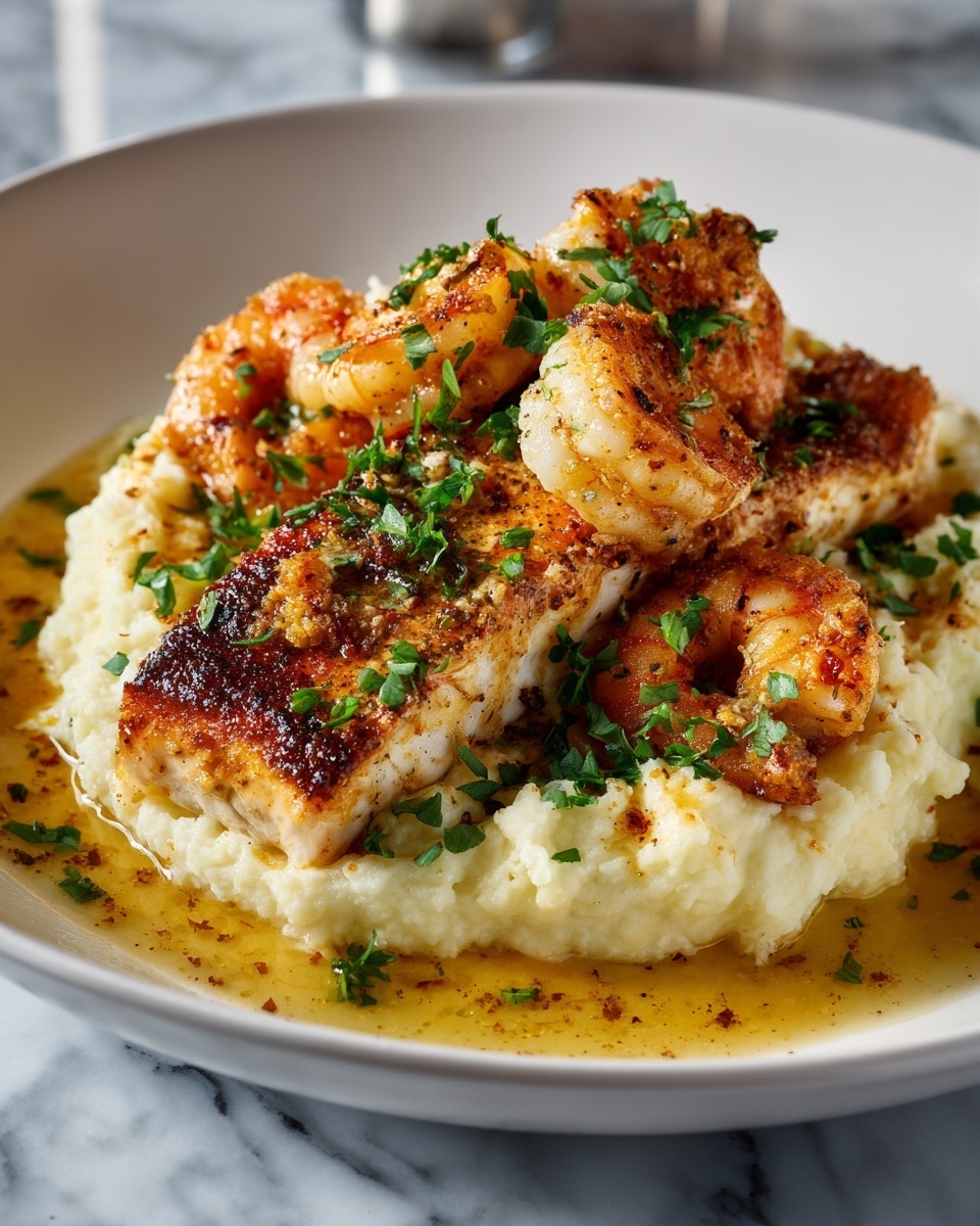 The dish is served on a white plate placed on a white marbled surface. The base layer consists of creamy mashed potatoes in a pale off-white color, spread thickly in a circular shape. On top of the mashed potatoes lies a golden-brown grilled fish fillet with a slightly crispy skin showing grill marks and a moist white interior. Surrounding and partly on top of the fish fillet are several browned shrimp with a light orange-pink tone, their texture firm and slightly shiny. The entire dish is lightly drizzled with a golden butter sauce that pools around the mashed potatoes, mixed with small specks of browned seasoning. Scattered over the top are finely chopped fresh green herbs, adding a fresh contrast to the warm colors beneath. photo taken with an iphone --ar 4:5 --v 7