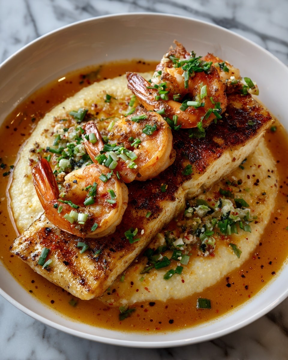 A white bowl holds three layers: the bottom layer is a creamy, light-yellow grits base with a smooth texture and some specks of spices. On top, there's a golden-brown, crispy piece of cooked fish with blackened spots for a charred look. The top layer features four grilled shrimp with a mix of white and bright orange colors, arranged slightly curved and sprinkled with fresh green chopped herbs. A thin, reddish-orange sauce surrounds the grits, adding a glossy shine to the dish. The background is a white marbled texture. Photo taken with an iphone --ar 4:5 --v 7