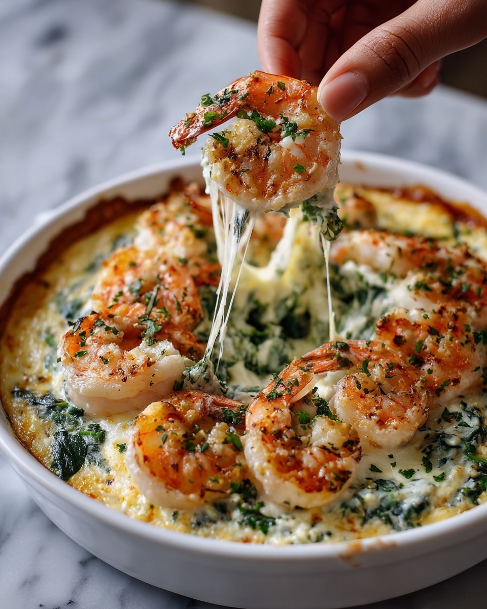 A white casserole dish holds a baked shrimp and cheese casserole. The bottom layer is melted creamy cheese that is golden brown and bubbly at the edges. Above that is a smooth and creamy white sauce mixed with green herbs and spinach leaves spread evenly around. On top, large cooked shrimp with visible bright orange and white stripes are placed closely together, sprinkled with bits of chopped parsley. A woman's hand is lifting one shrimp piece with some stringy melted cheese stretching from the dish. The dish sits on a white marbled surface. photo taken with an iphone --ar 4:5 --v 7