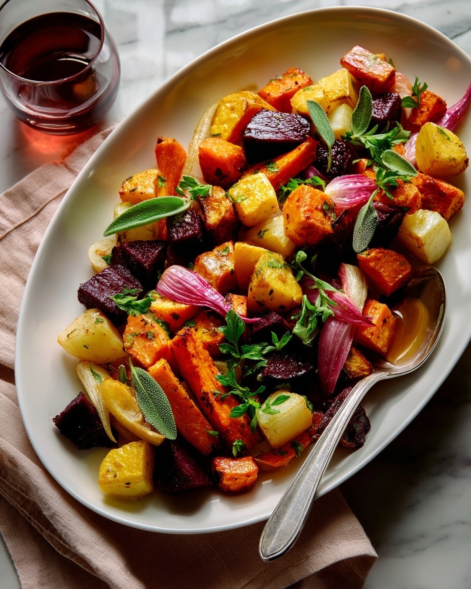 An oval white plate sits on a white marbled surface with a beige cloth partially visible in the top right corner, holding a colorful mix of roasted vegetables. The dish shows roughly three layers: a base of irregular chunks of orange sweet potatoes and deep purple beets, topped with pieces of pale beige parsnip and light brown roasted onions, all mixed with small red cherry tomatoes. Dark green sage leaves are scattered on top, adding texture and a fresh green contrast. A silver spoon rests on the right edge of the plate. Photo taken with an iphone --ar 4:5 --v 7
