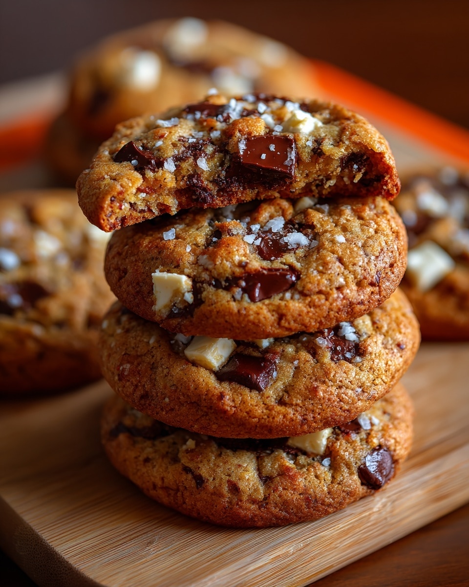 The image shows a stack of four soft chocolate chip cookies on a light wooden surface with three more cookies spread around. The top cookie in the stack has a bite taken out of it, revealing a melty, dark chocolate center and pieces of milk chocolate with some light green bits that look like small candy pieces inside the cookies. In the background, a few more cookies sit on an orange silicone baking mat on a white marbled surface. The cookies are golden brown with slightly cracked tops and visible chunks of chocolate scattered throughout. photo taken with an iphone --ar 4:5 --v 7