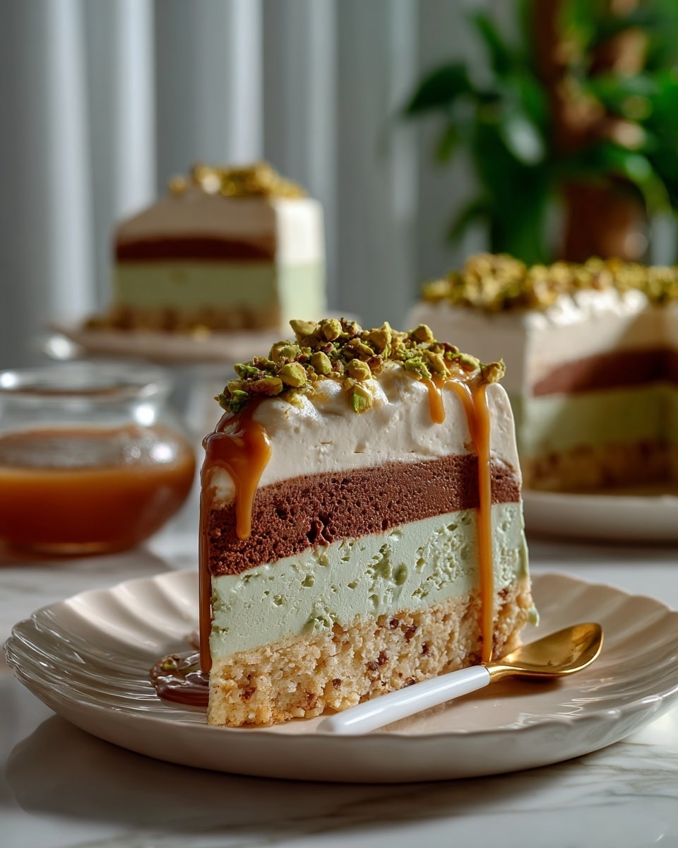 A slice of layered cake sits on a white plate with a gold and white spoon beside it. The cake has four visible layers: the bottom is a light cream color with small nut bits, above it is a dark brown chocolate layer, then a green pistachio-like layer, and topped with a thick white cream layer. Caramel sauce drips down from the top edge, decorated with crushed pistachios on the cream. The background is a white marbled surface with scattered pistachios, soft white cloth, and blurred cake slices. Photo taken with an iphone --ar 4:5 --v 7