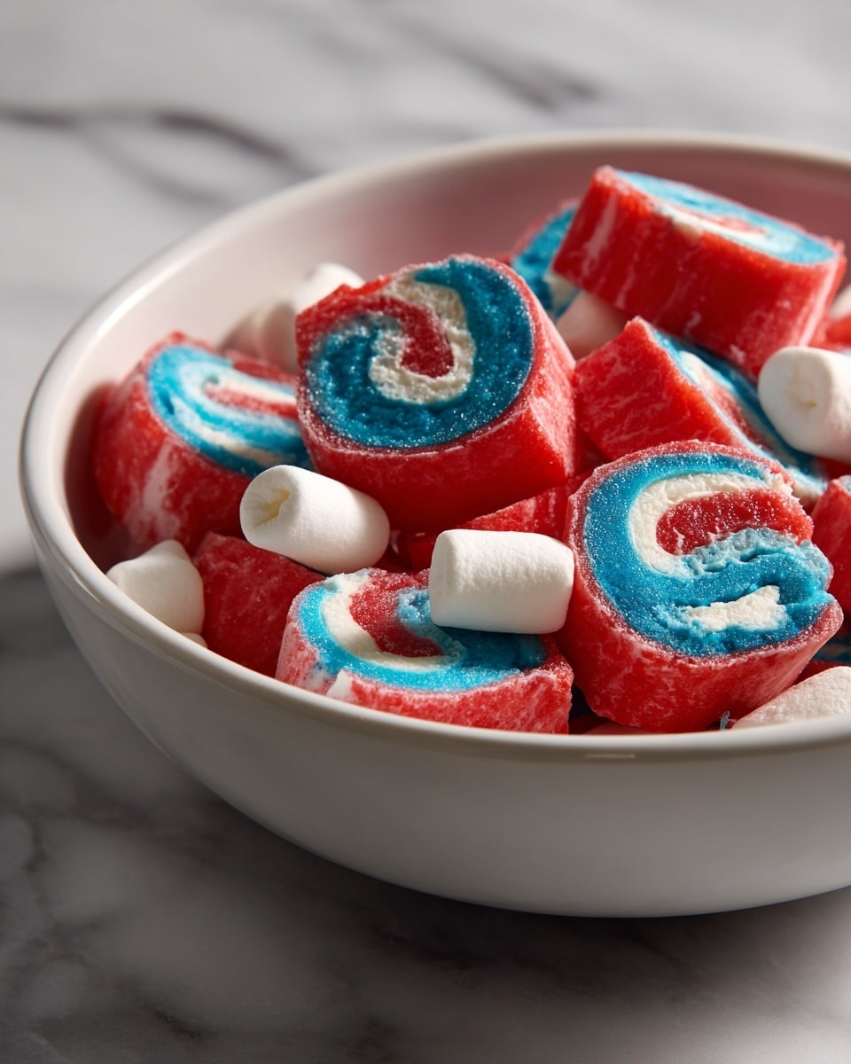 The image shows a white bowl filled with colorful spiral-shaped treats, each roll consisting of two distinct layers: one layer is bright blue with a lighter blue inner swirl, and the other layer is vivid red with a slightly lighter red inner swirl. These rolls are smooth and glossy, stacked with some overlapping, giving a sense of depth and texture. Scattered around the rolls are small white marshmallow pieces, adding contrast to the bright colors. The bowl sits on a white marbled surface that highlights the vibrant colors of the spirals, photo taken with an iphone --ar 4:5 --v 7