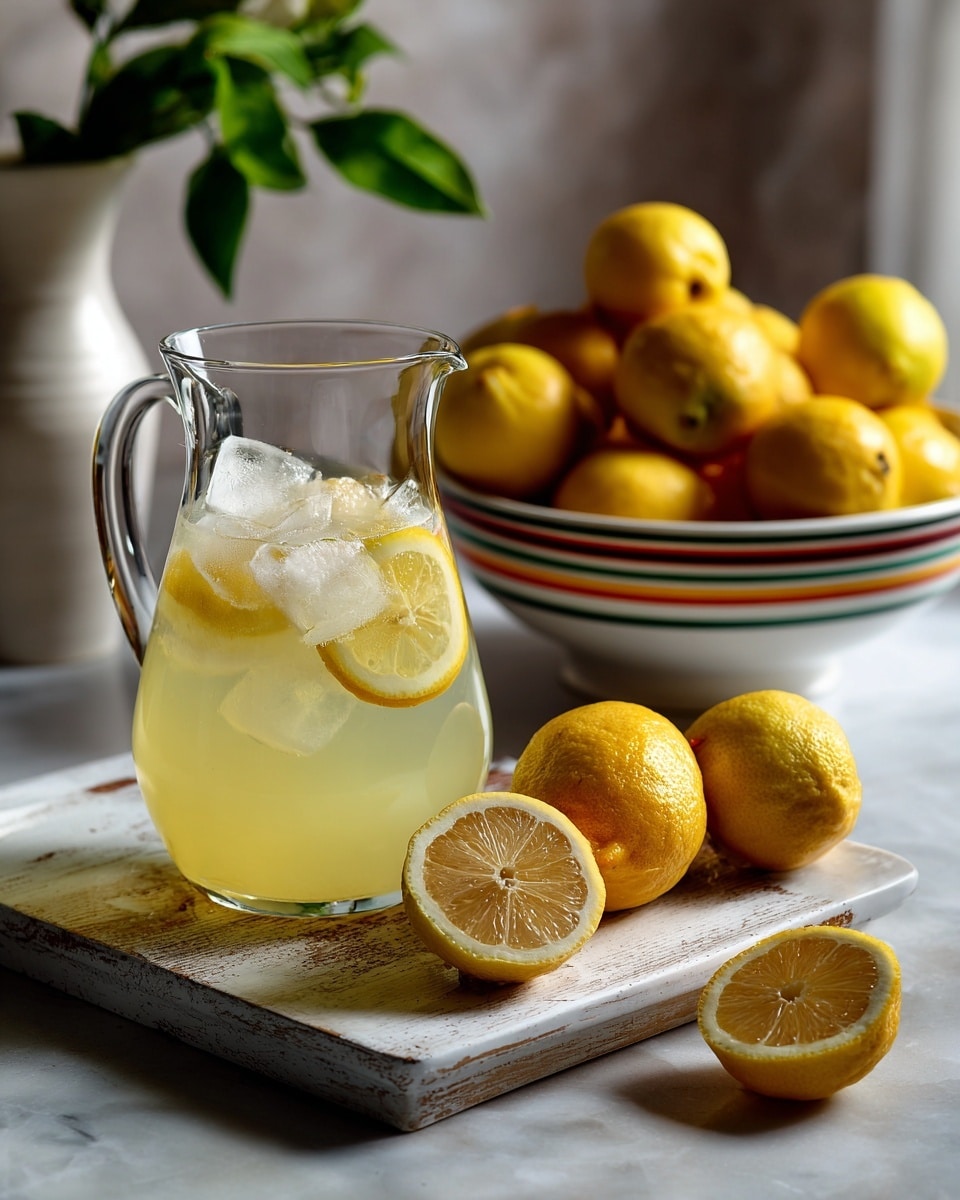 A clear tall glass pitcher filled with pale yellow lemonade topped with ice cubes and two thin yellow lemon slices floating near the top, sitting on a worn white wooden cutting board placed on a white marbled surface; around the pitcher are whole yellow lemons, one lemon half showing its juicy inside leaning against the pitcher, and a stack of white bowls with colorful stripes in the background. Photo taken with an iphone --ar 4:5 --v 7