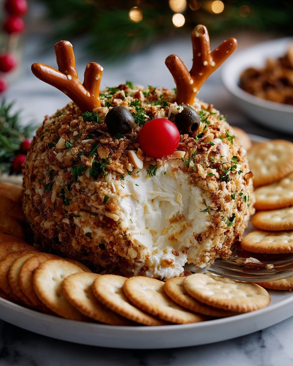 A round ball covered in chopped nuts sits in the middle of a white plate, decorated as a reindeer face. Two large pretzels are placed on top as antlers. Two black olives are used for eyes, and a single red cherry tomato is placed in front as the nose. The ball is surrounded by a ring of round light brown crackers evenly spaced along the plate's edge. In the background, Christmas-themed decorations with red and green colors can be seen out of focus. The entire scene is on a white marbled surface. Photo taken with an iphone --ar 4:5 --v 7