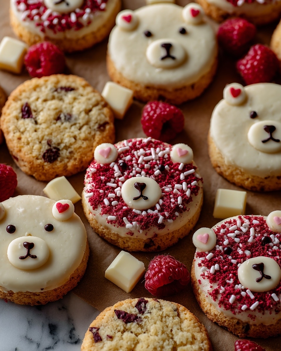 The image shows several round cookies on light brown paper with cute bear faces and small hearts. Most cookies have a smooth white coating on top with small red bits sprinkled over it, making a rough texture on the surface. A few cookies are plain with a light golden-brown color and dark chocolate bits baked inside, showing a soft and crumbly texture. The cookies are arranged close together, with a few fresh red raspberries and small white square chunks scattered around them for decoration. The background is a white marbled texture. Photo taken with an iphone --ar 4:5 --v 7