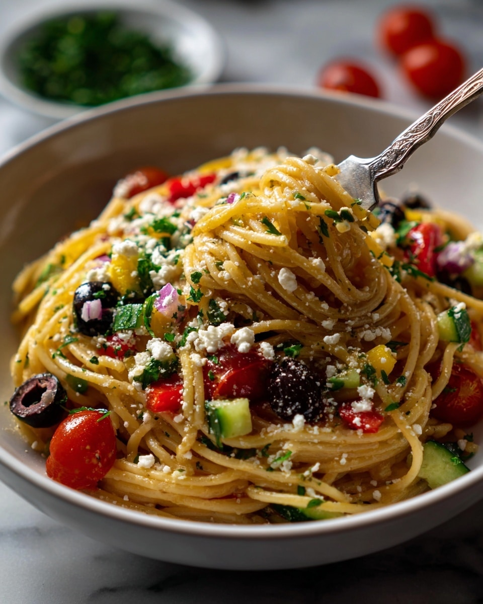 A white bowl filled with spaghetti mixed with small pieces of bright red cherry tomatoes, dark black olive slices, chopped green cucumbers, and red bell pepper cubes, all evenly spread among the pasta strands. Small bits of red onion and light-colored cheese crumbs are scattered on top, adding texture and color. A silver fork is stuck into the pasta, lifting some of the spaghetti up from the bowl. The bowl sits on a white marbled surface, and there are blurred green parsley leaves and scattered cherry tomatoes in the background. photo taken with an iphone --ar 4:5 --v 7
