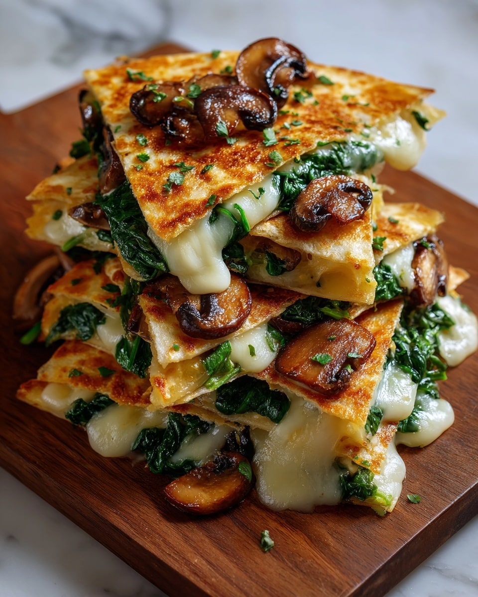 The image shows several triangular quesadilla slices stacked on a wooden board. Each slice has a golden-brown, slightly crispy tortilla outer layer. Inside, there is a green layer of cooked spinach mixed with melted white cheese that stretches and flows slightly out of the edges. On top of each slice, there are a few sautéed mushrooms which are dark brown and glossy. The background surface is a white marbled texture. Photo taken with an iphone --ar 4:5 --v 7