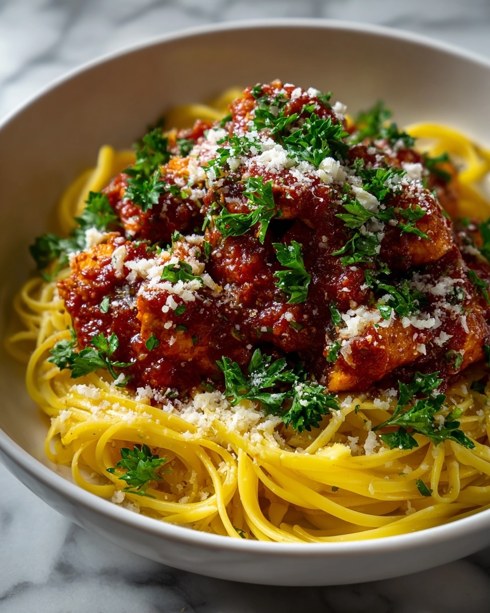 A white round bowl is filled with a bed of yellow spaghetti noodles forming the base layer. On top, evenly spread, are medium-sized pieces of golden brown chicken coated in a thick red tomato sauce mixed with translucent cooked onions. Bright green parsley leaves are scattered across the dish, adding fresh color, and a light dusting of white grated cheese is sprinkled over the top. The bowl is placed on a white marbled surface. Photo taken with an iphone --ar 4:5 --v 7