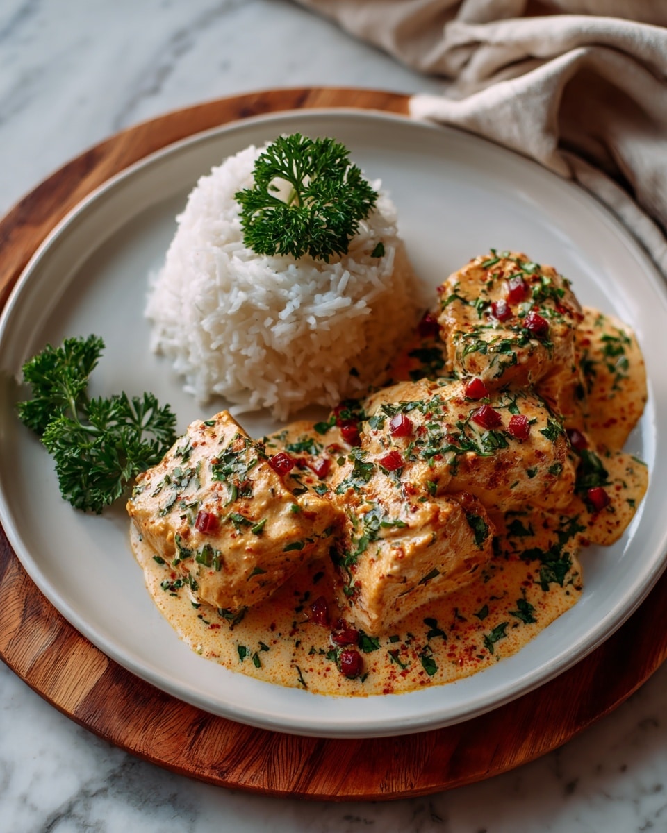 The dish shows three large pieces of cooked chicken covered in a thick, creamy orange sauce with green herbs and small red bits on top, all sitting on the right side of a white oval plate. On the left side of the plate, there is a neat mound of white rice, garnished with green herbs. The sauce looks smooth and rich, pooling around the chicken. The plate is placed on a wooden board with a soft beige cloth and a white marbled surface in the background. The photo taken with an iphone --ar 4:5 --v 7