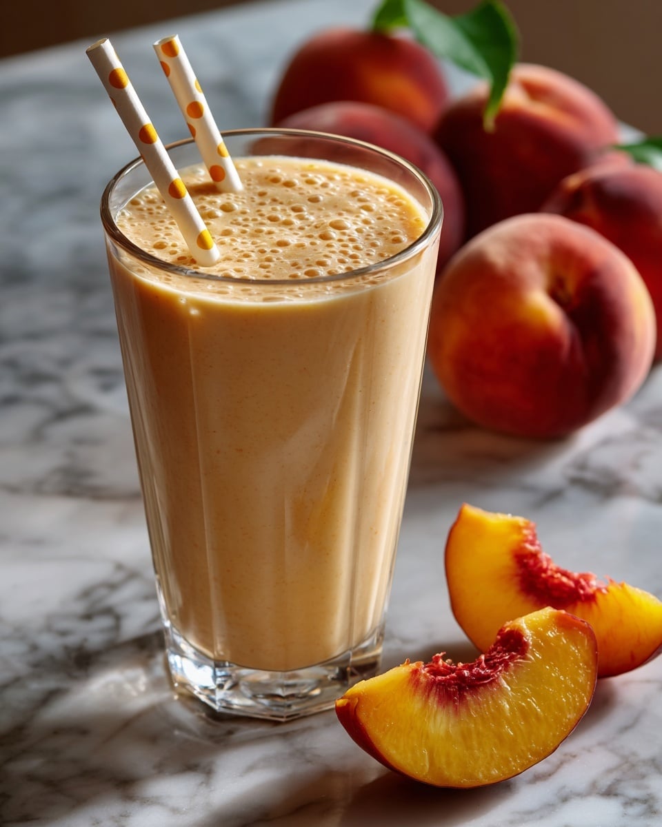 A tall clear glass filled with a light beige smoothie that has a smooth and foamy top layer, showing tiny bubbles all over its surface. Two paper straws with colorful dots, one yellow and one orange, stand upright in the glass near the center. At the base of the glass, there are two peach slices, yellow with a red tinge near the pit, resting on a white marbled surface. The background is clean and bright, emphasizing the simple, fresh look of the drink photo taken with an iphone --ar 4:5 --v 7