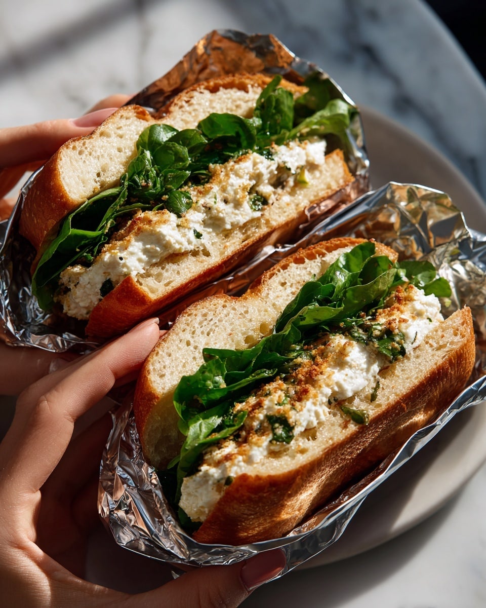 A sandwich wrapped partly in shiny silver foil, held by a woman's hand, is shown close-up on a white marbled surface. The sandwich is cut to show three layers inside a golden brown toasted bread. The top layer is a thick, smooth white cheese covering most of the length, below it is a layer of green leafy spinach with visible veins, and the bottom is a reddish-brown layer that looks like cooked tomato or sauce. Another sandwich is slightly visible at the bottom. Photo taken with an iphone --ar 4:5 --v 7