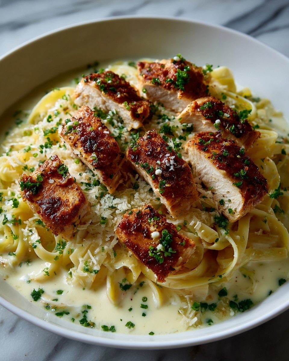 A white plate holds a creamy pasta base made of wide, flat noodles coated in a smooth, pale beige sauce. On top, there are two layers of golden-brown cooked pieces with a slightly crispy texture, spaced closely. The top layer is sprinkled with small green herb pieces and cracked black pepper, adding color contrast. The background is a white marbled surface. photo taken with an iphone --ar 4:5 --v 7