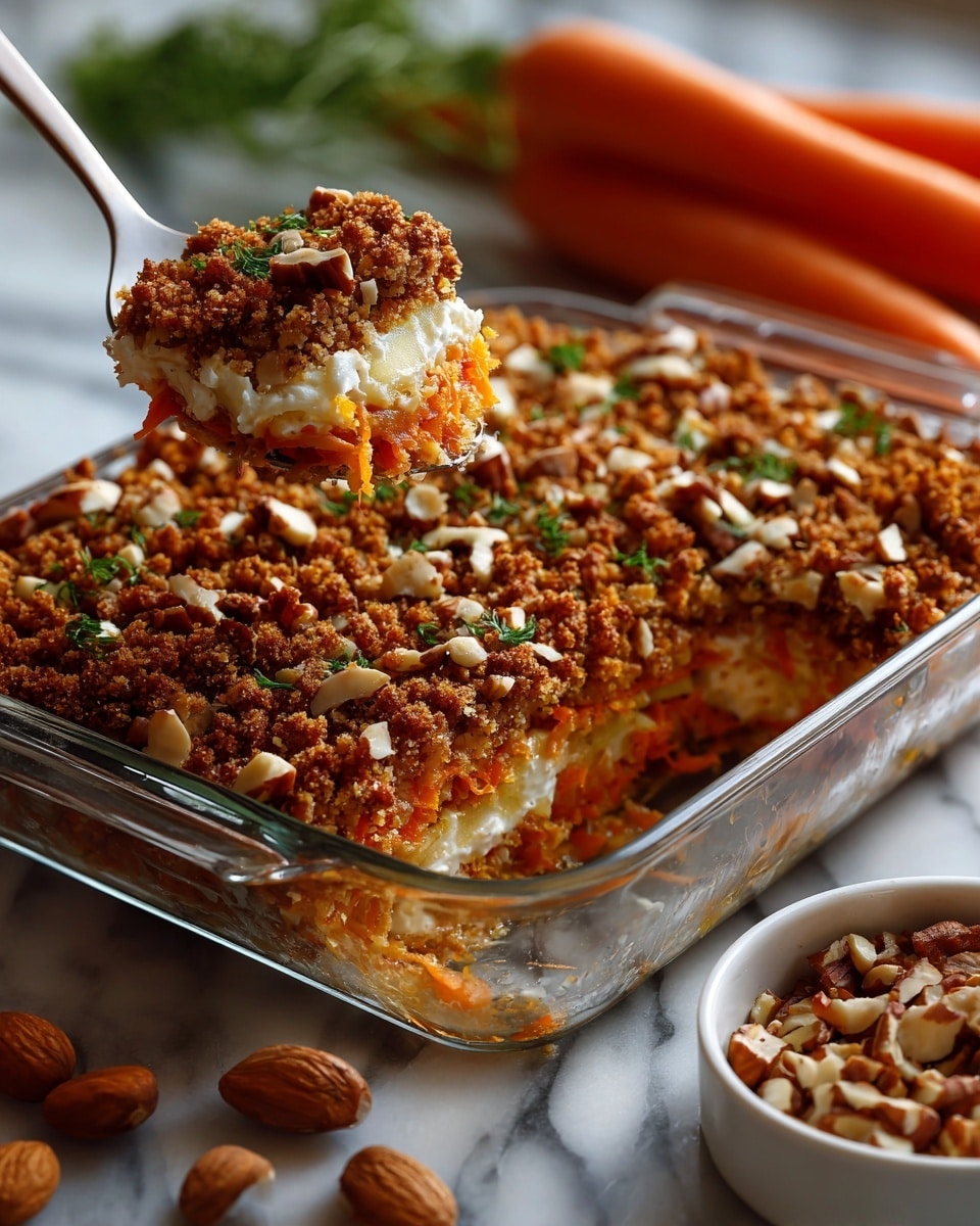 A close-up of a clear glass baking dish with a layered carrot dessert inside. The top layer is a crumbly brown crust with a rough texture mixed with small chopped nuts. Below this is a moist layer showing shredded orange carrots and small white pieces, possibly apples or nuts. A white spoon is scooping a portion from the dish, showing the crumbly topping and mixed carrot layer underneath. The dish is placed on a white marbled surface with two whole orange carrots and a small white bowl containing chopped nuts nearby. photo taken with an iphone --ar 4:5 --v 7