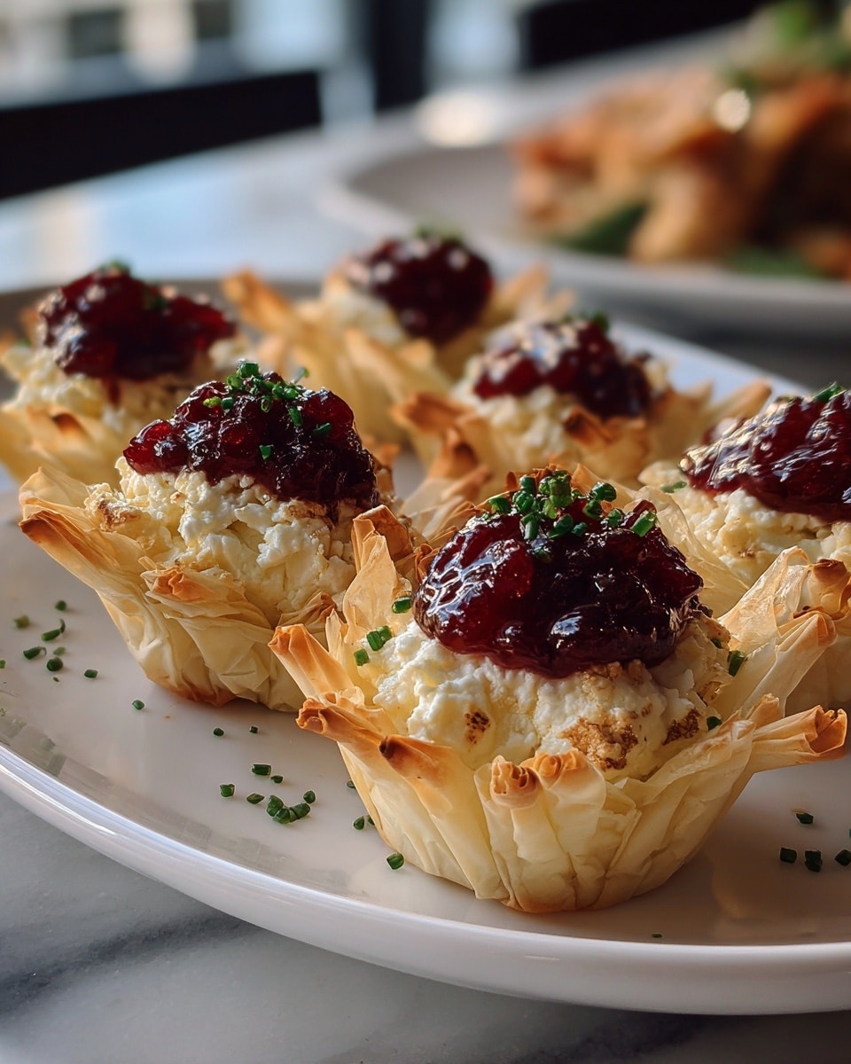 The image shows several small tartlets arranged on a white plate with a golden rim, placed on a white marbled surface. Each tartlet has three visible layers: the outer layer is a light golden, crispy, and flaky pastry shell with ruffled edges; the middle layer is smooth, creamy white cheese filling; on top of the cheese, there is a thick, dark red dollop of berry jam with a slightly shiny texture, garnished with small green herb leaves. The tartlets are closely packed in a casual arrangement. Photo taken with an iphone --ar 4:5 --v 7