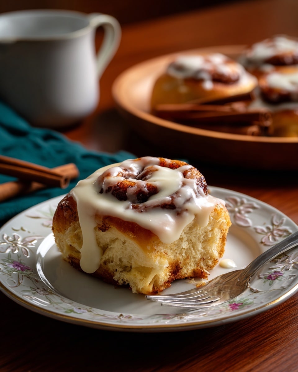 A cinnamon roll with two visible thick dough layers swirled together with dark brown cinnamon filling inside, topped with a creamy white icing layer that smoothly covers the top and slightly drips down the sides, resting on a white plate with embossed floral patterns, all set on a wooden surface; in the background, there is a round wooden plate holding three cinnamon sticks. Photo taken with an iphone --ar 4:5 --v 7