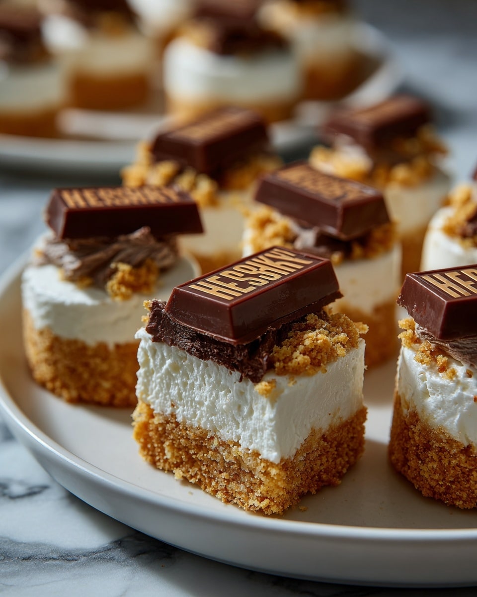 A white round plate holds several small, round mini cheesecakes with three clear layers each: a crumbly light brown base, a thick white creamy middle, and a smooth top layer with a solid piece of Hershey's milk chocolate placed flat on each cheesecake. The cheesecakes are arranged close together, some overlapping, on a white marbled surface with a few blurred Hershey's chocolate bars and a bowl of crumbs in the background. The setting is bright and clean, showing the textures of the crumbly base, soft creamy middle, and shiny chocolate tops clearly. Photo taken with an iphone --ar 4:5 --v 7