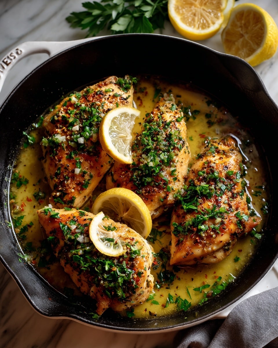 A black pan on a white marbled surface holds three pieces of cooked chicken, each topped with green herbs. Thin yellow lemon slices sit on top of some chicken pieces and float in light yellow sauce filling the pan base. Fresh herb leaves lie on the surface near the pan, and lemon halves rest nearby. A gray cloth is placed next to the pan. photo taken with an iphone --ar 4:5 --v 7