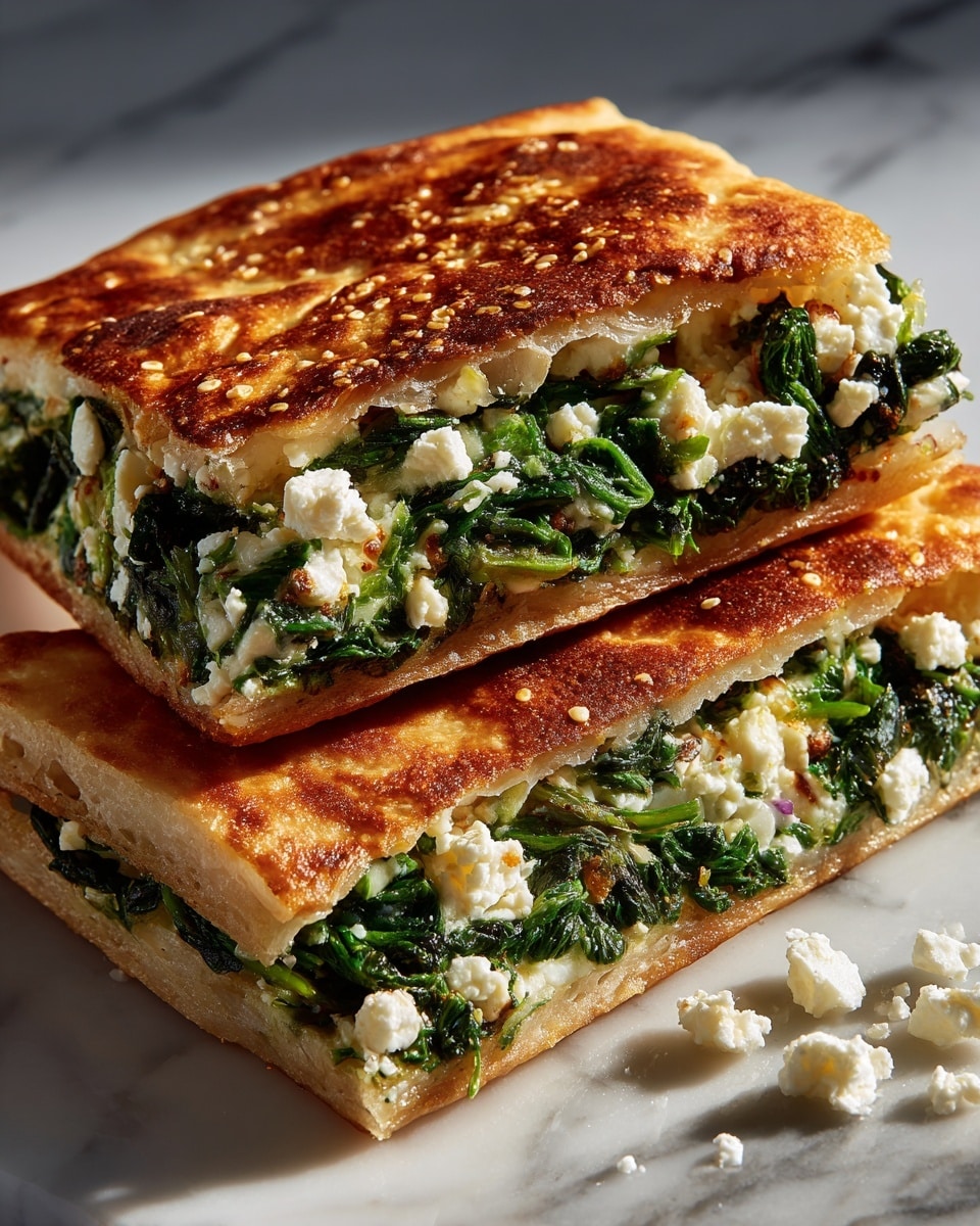 A close-up view of two stacked square pieces of golden-brown flatbread filled with a green spinach and white cheese mix. Each piece shows a crisp, lightly browned top layer, with the filling visible in the middle layer, showing finely chopped spinach and soft white cheese crumbles. The bottom layer is a pale, slightly textured flatbread base resting directly on a white marbled surface. Some white cheese crumbles fall off and scatter near the base of the stack. Photo taken with an iphone --ar 4:5 --v 7