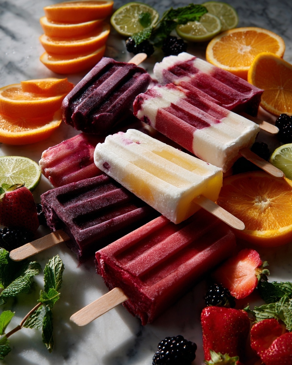 The image shows seven colorful popsicles laid out on a white marbled surface, each with two or three layers of different colors and creamy textures. Some popsicles have swirls of white mixed with vibrant purple, red, or orange layers, while others have solid pastel yellow or red shades. The popsicles are surrounded by various fruit slices including bright orange, yellow lemon, green lime, juicy red watermelon triangles, peach wedges, fresh strawberries cut in half, small blackberries, and green mint leaves scattered around. The scene looks fresh, vibrant, and summery with a mix of creamy and icy textures on the popsicles. Photo taken with an iphone --ar 4:5 --v 7