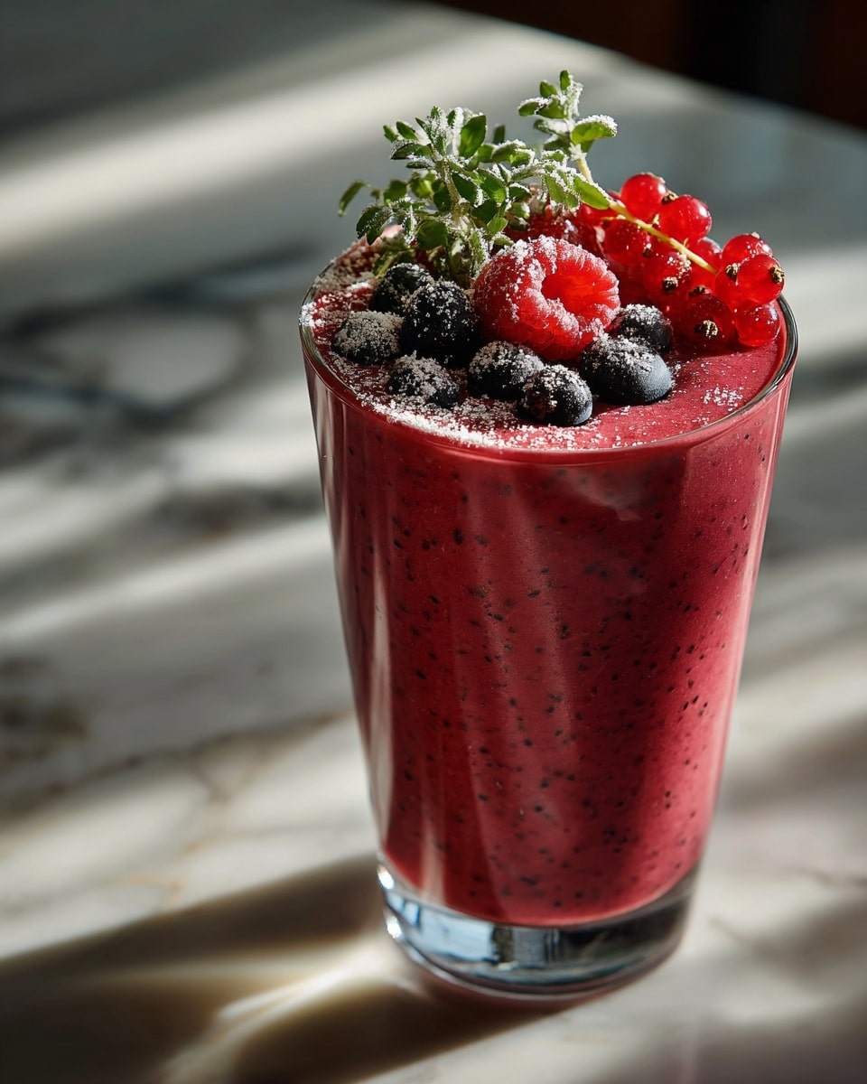 A tall clear glass filled with a thick dark pink smoothie, topped with a mix of red currants, blueberries, and a raspberry, all dusted with white powdered sugar. There is a small green rosemary sprig placed on top as decoration. The glass is set on a white marbled surface with soft natural light casting gentle shadows. photo taken with an iphone --ar 4:5 --v 7