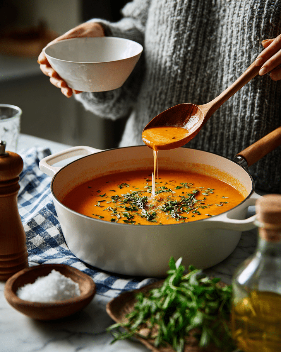 A woman's hand is holding a wooden ladle, scooping bright orange soup with green herbs from a white pot with a black inside. The soup is smooth and creamy with small green leaves scattered on top. The ladle is pouring the soup into a small white bowl held by the other woman's hand. The pot is on a white marbled surface with a light blue and white checkered cloth nearby. In front of the pot, there is a wooden plate with coarse salt and some fresh green herb leaves lying next to it. A wooden pepper grinder and a small glass bottle with yellow oil are also on the white marbled surface. photo taken with an iphone --ar 4:5 --v 7